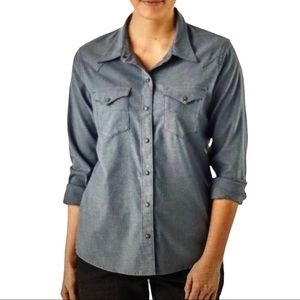 Patagonia Hemp Cotton Pearl Snap Womens Blue Blouse Size 10